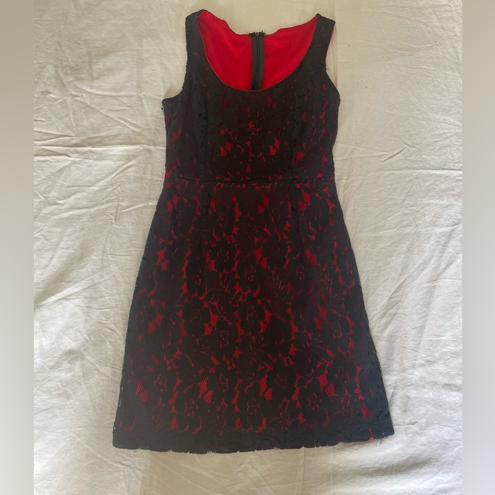 Red cocktail dress with black lace